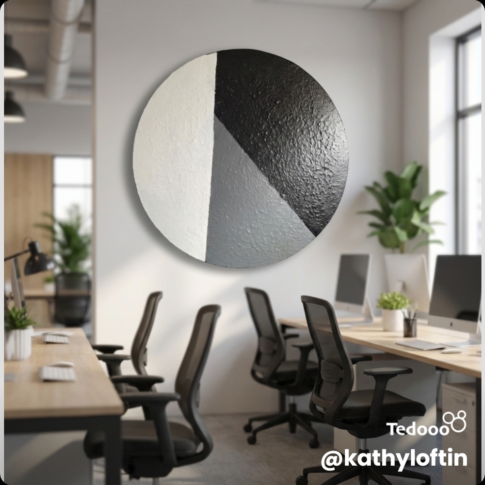 Original Black, Gray and White Abstract Round Wall Art